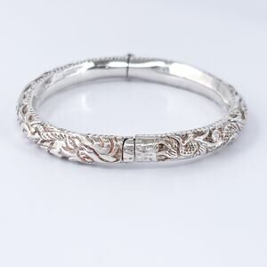 Sterling Silver Hinged Bangle Bracelet | Floral Engraved | Vintage Style | 6.25"